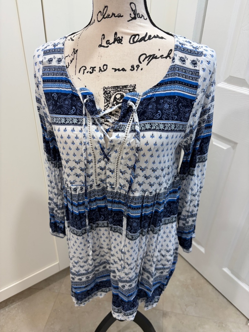 Divided Blue and White Boho Lace-Up Tunic